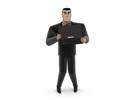 Frightened by a businessman with a briefcase on a white backgroundの写真素材