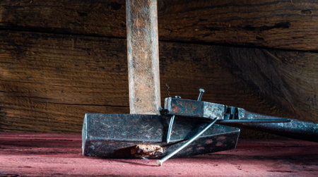 Hammer with nails. Close-up tool