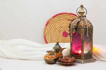Tradition and folklore Stuff Contain Lantern, Teapot and old Colored Tray