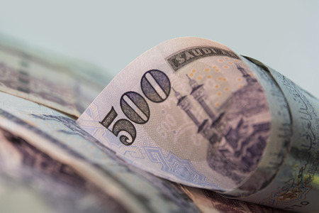 Curled Five Hundred Riyal notes, Close-up viewの写真素材