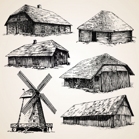 Drawings of old wooden buildingsのイラスト素材