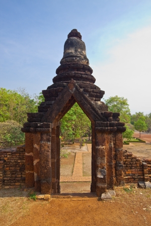 Entrance to ruin of pagoda at Kum Pang Pech historical park,Thailandの写真素材