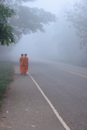 Buddhist clergy go for receive food from people on daily activityの写真素材