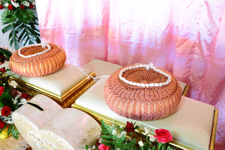 Set of table and pillow for usage in wedding by Thai styleの写真素材