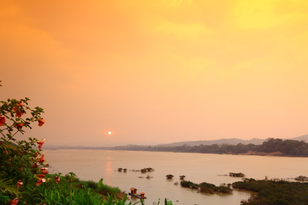 Khong river on sunset at Chiang-khan,Loei,Thailandの写真素材