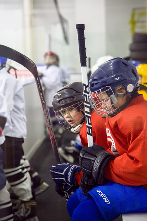 Young hockey players worry about their gameのeditorial素材