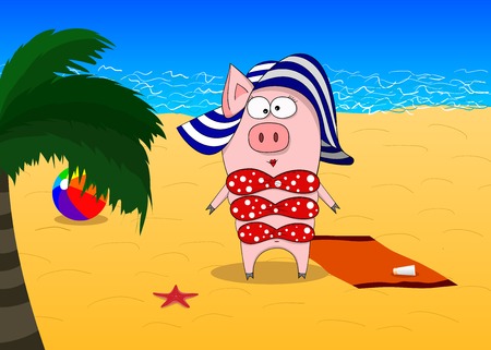 Pig in swimsuit and hat at the seaのイラスト素材