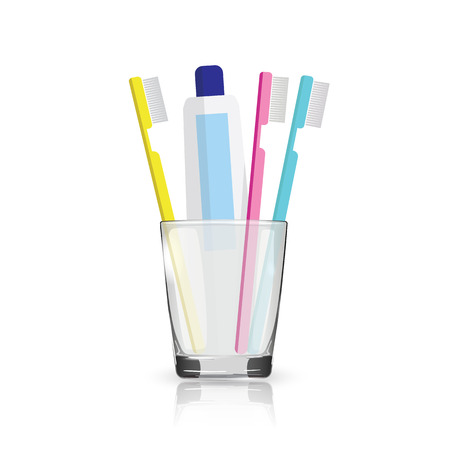 Toothbrush, toothpaste in a glass isolated on white backgroundのイラスト素材