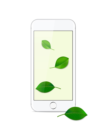 White modern smartphone on a white background with a Wallpaper with green leavesのイラスト素材