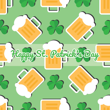 Seamless pattern with leaves of the trefoil and mugs of beer on a green background. Happy St. Patrick's day.のイラスト素材