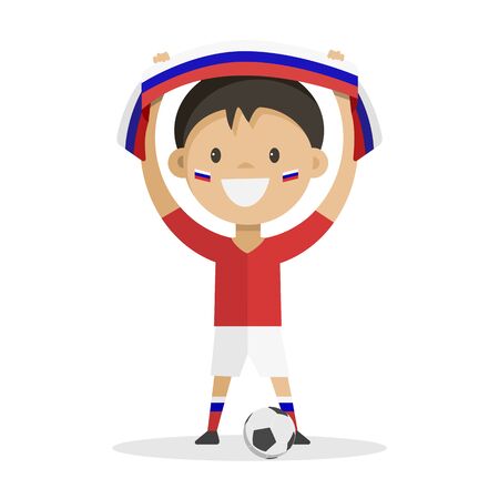 Football player with a ball on a white background raises a scarf with the flag of Russia over his head. Vector illustration.のイラスト素材