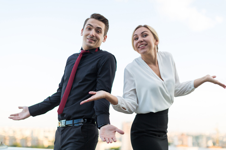 employees of man and woman on the background the cityの写真素材