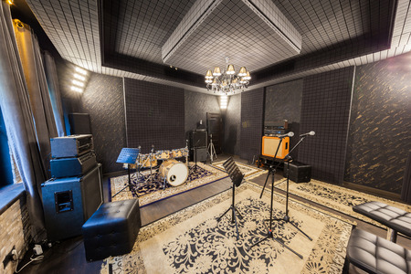 interior music studio for musicians playing, photo made in the wide-angle lensの写真素材