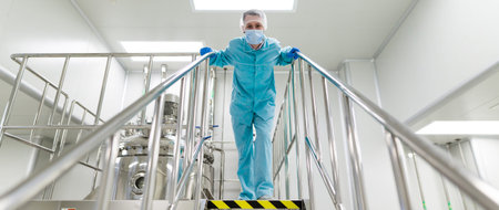 doctor is standing on chromed ladderの写真素材