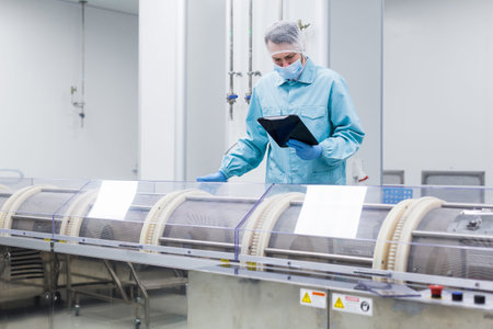 caucasian scientist man in blue lab suit make notes about mabufacture machines