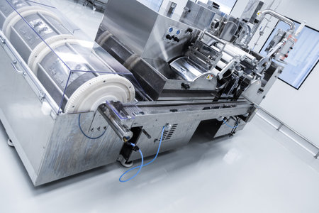 big steel chromed manufacture machine in big laboratory, turned