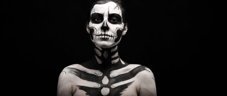 Isolated on black, wide-screen, closeup picture, beautiful young brunette caucasian woman with scull body art, grey eyesの写真素材