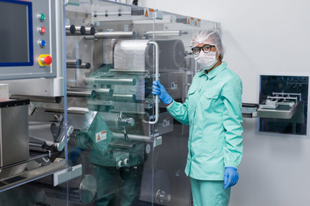 scientist in blue suit stand near manufacture machine with glass panels