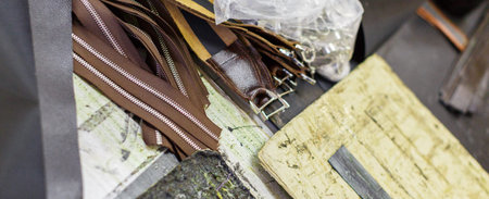 brown zippers and straps are in focus. some details are in the plastic pack. close-up photo.