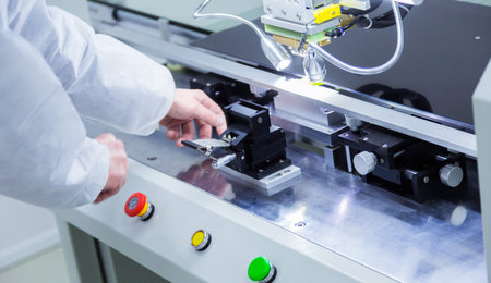 male hands in a white uniform working with some modern equipment with colourful buttons