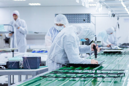 people in white isolating costumes working in laboratoryの写真素材