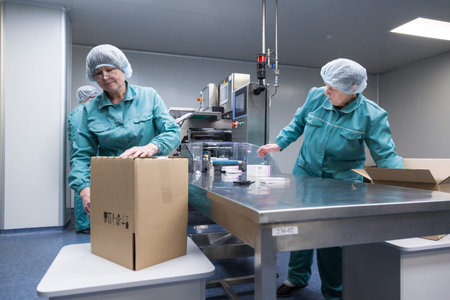 Pharmaceutical technicians work in sterile working conditions at pharmaceutical factory. Scientists...