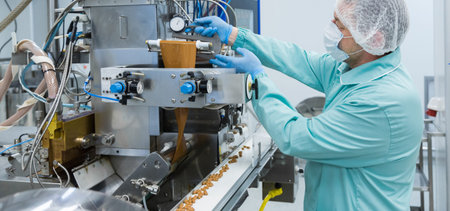 Pharmaceutical technician in sterile environment working with equipment at pharmacy industry