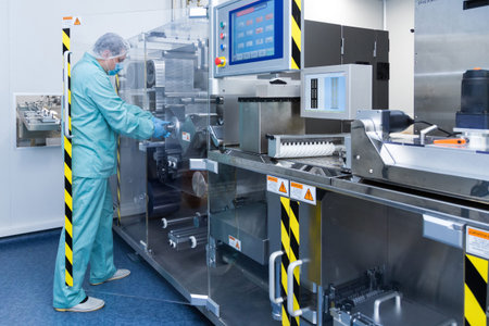 Pharmaceutical technician in sterile environment working with equipment at pharmaceutical...
