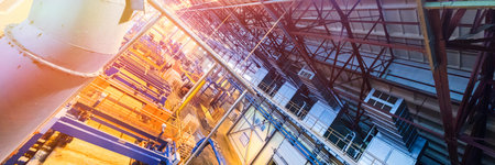 Top view of modern operational plant producing fiberglass heavy industry machinery metalworking...