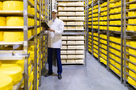 Technologist in a white robe holding a tablet for records and stands near the shelves with cheeses....