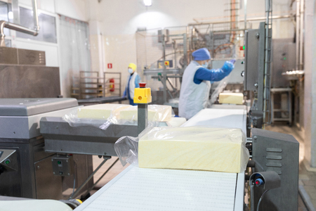 An employee in a blue form packs a large piece of oil into a transparent film on the production line . The production process at the dairy plantの写真素材