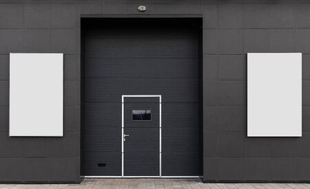 warehouse gate, advertising space. dark background white banner