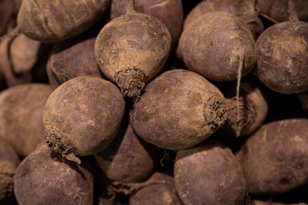 Close-up of red beet dirty in chernozem on market shelf. Photo with depth of field