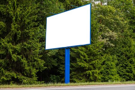 White blank board against green forest along roadの写真素材