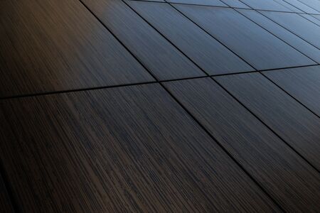 Diagonal view of dark brown venge tile wall surface, wood imitation texture.