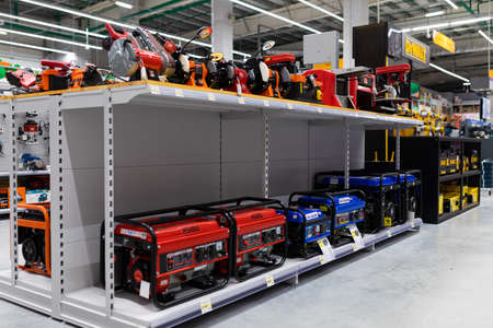 MINSK, BELARUS - April 01, 2020: various hardware store with a large selection of welding machines.の写真素材