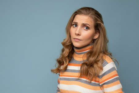Photo portrait of young attractive beautiful sad upset sorrowful touchy blonde woman with sincere...