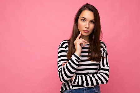 Closeup photo of amazing thoughtful beautiful young woman deep thinking creative female person...