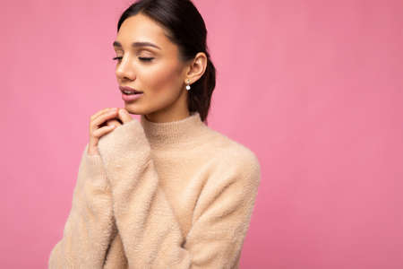 Photo of nice attractive lovely cute winsome sad upset sorrowful brown-haired woman wearing casual outfit isolated on colorful background with empty spaceの写真素材