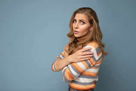 Photo shot portrait of young nice winsome beautiful sad upset sorrowful blonde woman with sincere...