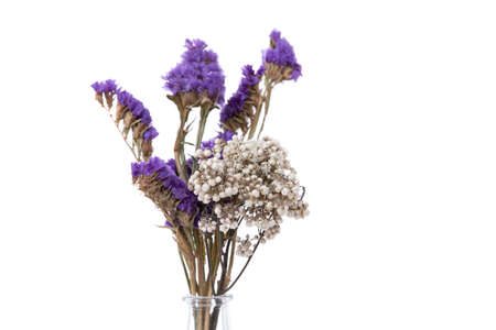 flower arrangement of dried flowers in a transparent vase on a white background, close-upの写真素材
