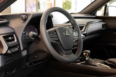 Minsk, Belarus - OCTOBER 28, 2021: black leather interior of a premium car, Lexus