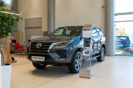 Minsk, Belarus - OCTOBER 28, 2021: new Toyota Fortuner gray in the dealership showroom, front viewのeditorial素材