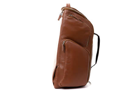 light brown backpack made of genuine leather on a white background, side viewの写真素材