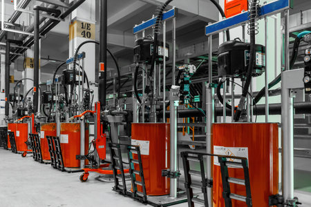 Plant, workshop with pumps for painting cars and automobiles. Modern car assembly factory