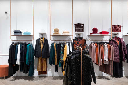 Minsk, Belarus - Nov 25, 2021: Photo of a store of youth, fashionable and stylish clothes with...