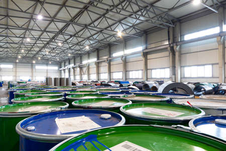 Metal tile for roof in metallic forming machine production line in factory. Industrial concept