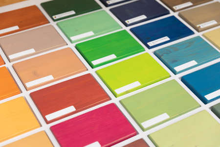 samples of paints for the care of wooden structures, a palette of materials for the protection of wood outdoorsの写真素材