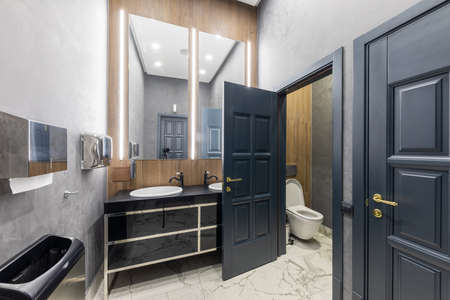 the interior of a stylish expensive toilet made in a modern design with a large sink in gray black...
