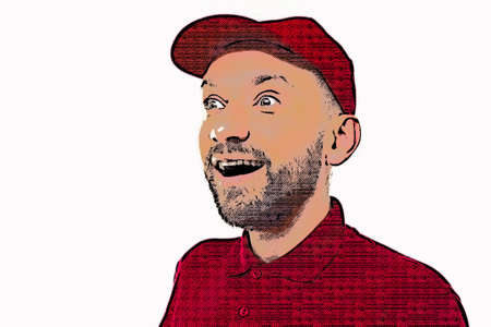 close-up portrait of a delivery courier wearing a red uniformの写真素材